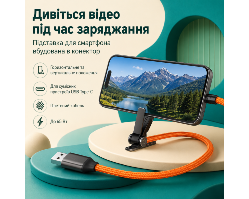 Плетений кабель USB-A — USB Type-C з кутовим конектором і тримачем для телефона