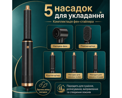 Фен-стайлер для сушіння, випрямлення та завивання волосся з 5 насадками