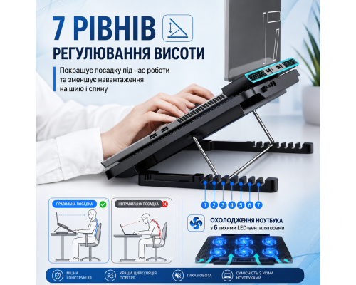 Підставка-охолоджувач для ноутбука з 6 тихими LED-вентиляторами та USB-живленням