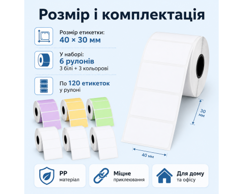 Набір кольорових етикеток для термопринтера 40×30 мм ( 6 шт)