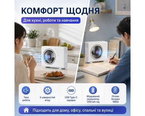 Портативний настільний вентилятор STNY з акумулятором 1200 мА·год та USB Type-C зарядкою
