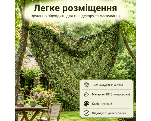 Камуфляжна сітка 2×3 м зелена для затінення, декору та маскування