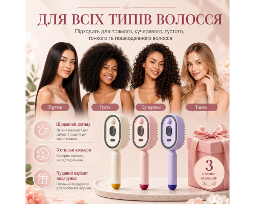 Щітка-спрей для волосся з нанорозпиленням, масажем шкіри голови та USB-зарядкою