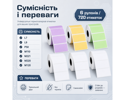 Набір кольорових етикеток для термопринтера 40×30 мм ( 6 шт)