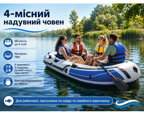 Надувний човен 4-місний з веслами, насосом і подушками (262 х 138 х 40 см)