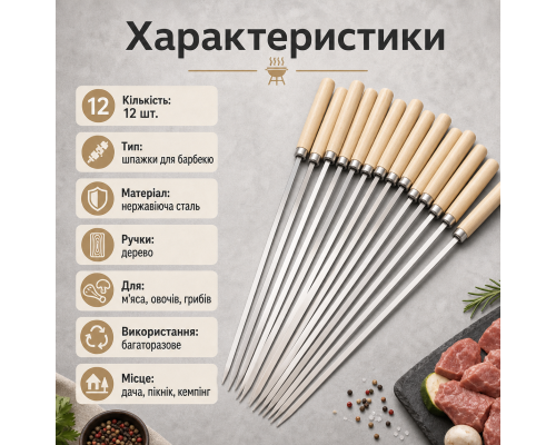 Металеві шпажки з дерев’яною ручкою для мангала