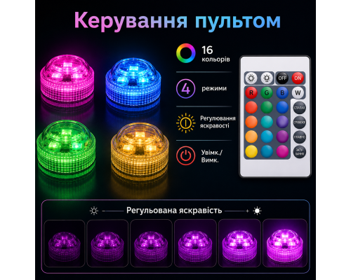 Підводні RGB LED світильники для басейну з пультом, на батарейках, комплект 4 шт