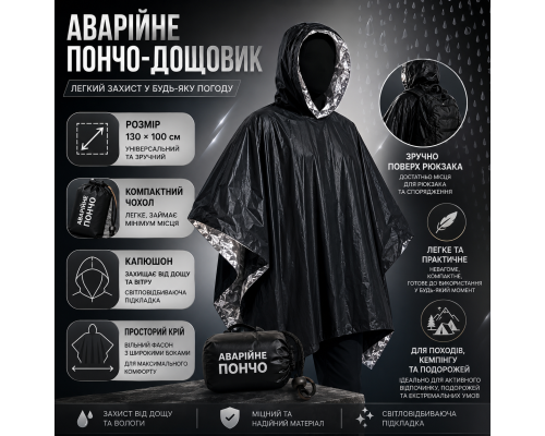Пончо-дощовик унісекс 130×100 см із капюшоном і чохлом, чорне