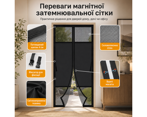 Магнітна затемнювальна москітна сітка на двері з вшитими магнітами 100 x 200 см