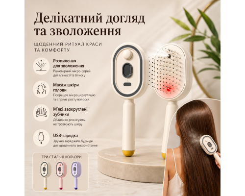 Щітка-спрей для волосся з нанорозпиленням, масажем шкіри голови та USB-зарядкою