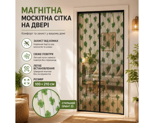 Магнітна москітна сітка на двері з принтом конюшини 100×210 см