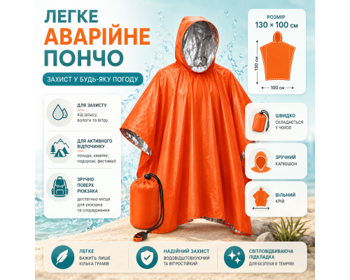 Пончо від дощу унісекс 130×100 см зі сріблястим внутрішнім шаром, помаранчеве