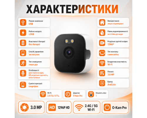 Віконна Wi-Fi камера AntCctv 3 МП 1296P із нічним баченням і двостороннім аудіозв’язком