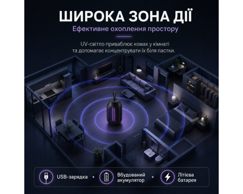 Акумуляторна UV лампа-пастка від комарів USB, 800 мАг, чорна