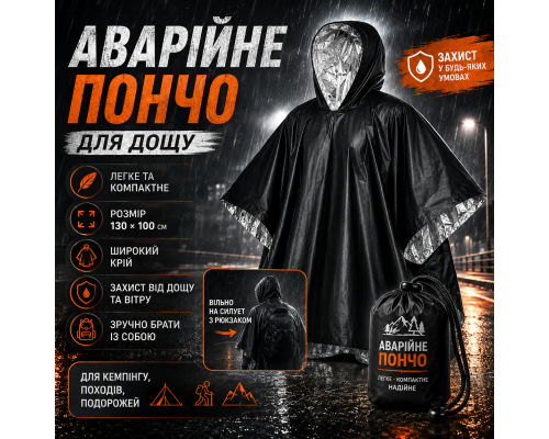 Пончо-дощовик унісекс 130×100 см із капюшоном і чохлом, чорне