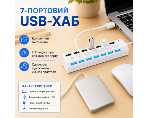 Багатопортовий USB-хаб з LED-індикаторами для ноутбуків