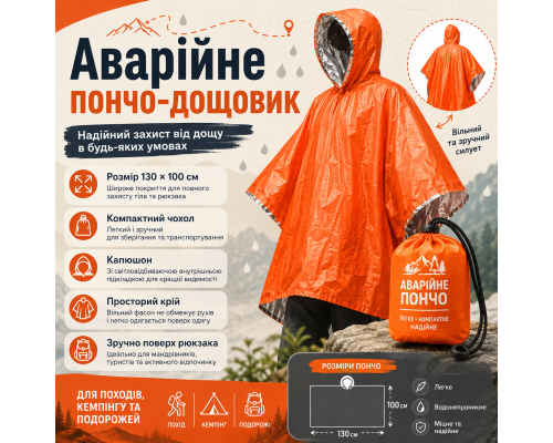 Пончо від дощу унісекс 130×100 см зі сріблястим внутрішнім шаром, помаранчеве