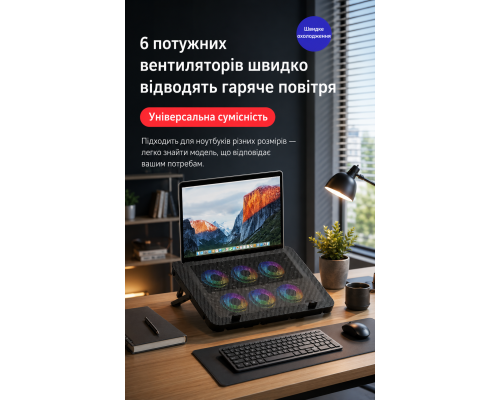 Охолоджуюча підставка для ноутбука з 6 тихими вентиляторами, RGB-підсвіткою, USB та регулюванням швидкості