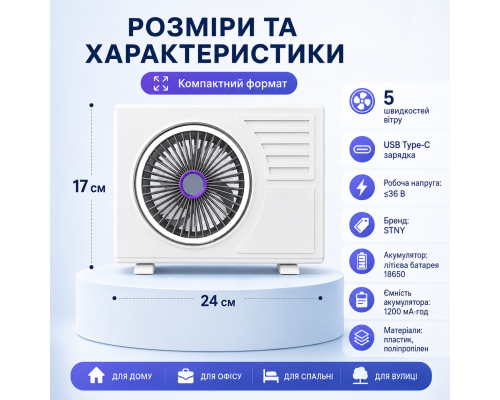 Портативний настільний вентилятор STNY з акумулятором 1200 мА·год та USB Type-C зарядкою