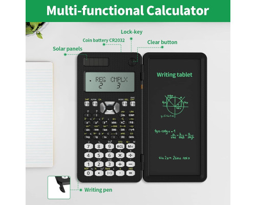 Складаний науковий калькулятор із письмовим планшетом 6,5-дюйма + стилус, чорний