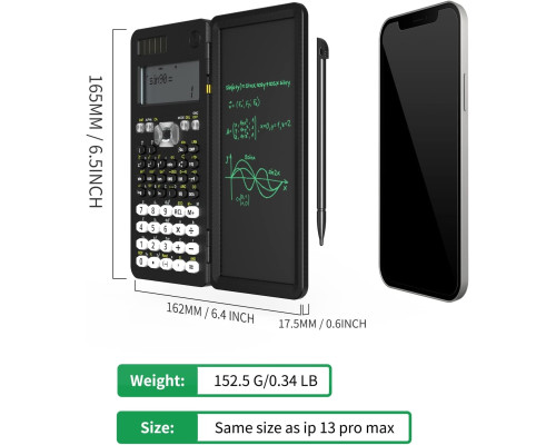 Складаний науковий калькулятор із письмовим планшетом 6,5-дюйма + стилус, чорний