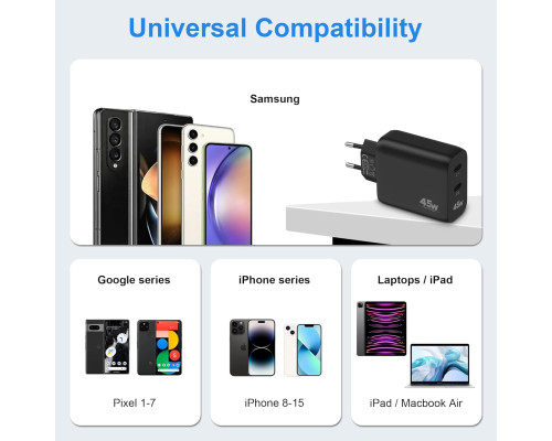 Зарядний пристрій CREAPICO Dual USB C потужністю 45 Вт та кабелем Type C