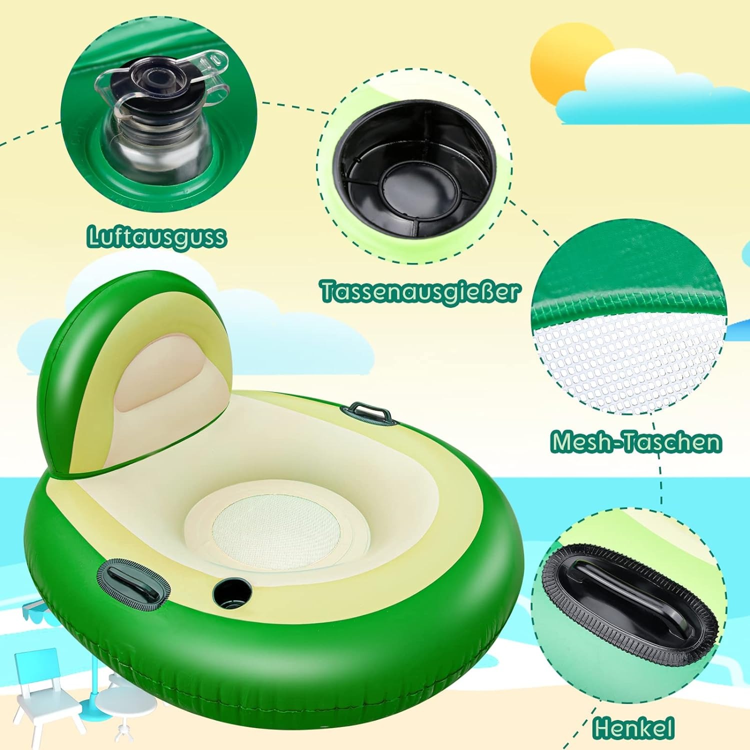 Надувний матрац для плавання зі спинкою і підстаканником Herefun Inflatable Avocado